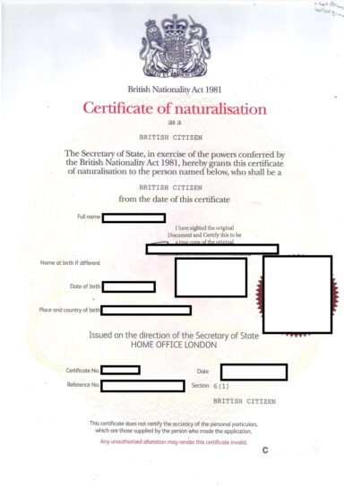 Certificate of naturalisation