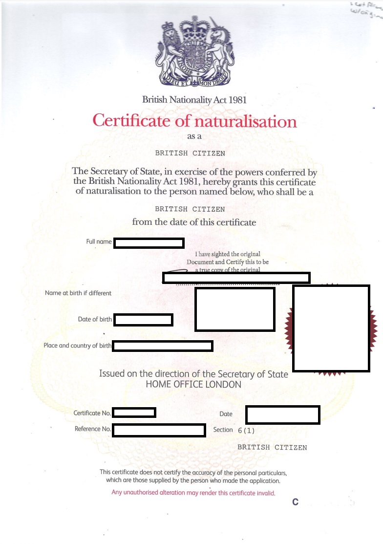 Certificate of naturalisation